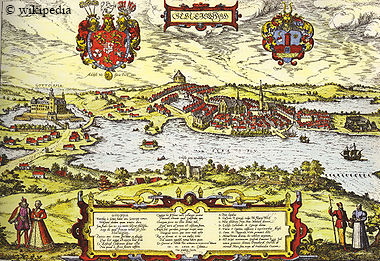 Stadtansicht Schleswigs um 1600 von Braun Hogenberg  -  Fr eine grere Ansicht bitte auf das Bild klicken